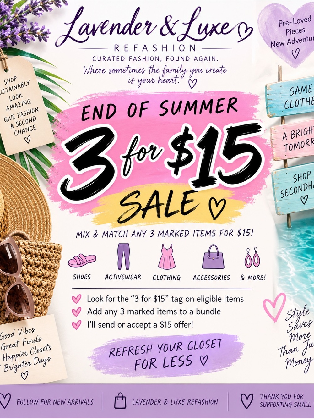 End of Summer 3 for $15 Sale Poster - anything with 🤪 3 for $15!